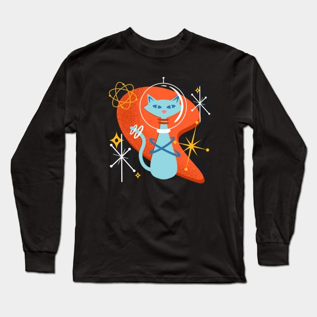 Atomic Funny Space Cat in Cosmic Mid Century Modern Vintage Style Long Sleeve T-Shirt by ksrogersdesigns